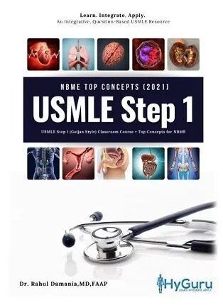 USMLE Step 1 Top Concepts 2021 guide featuring medical illustrations and a stethoscope, authored by Dr. Rahul Damania.
