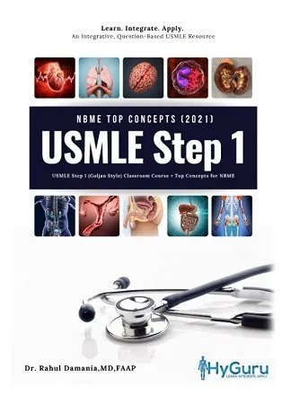 USMLE Step 1 Top Concepts 2021 guide featuring medical illustrations and a stethoscope, authored by Dr. Rahul Damania.